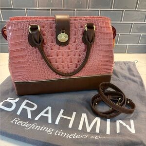 Brahmin Pink and Brown Croc-Embossed Leather Satchel Handbag